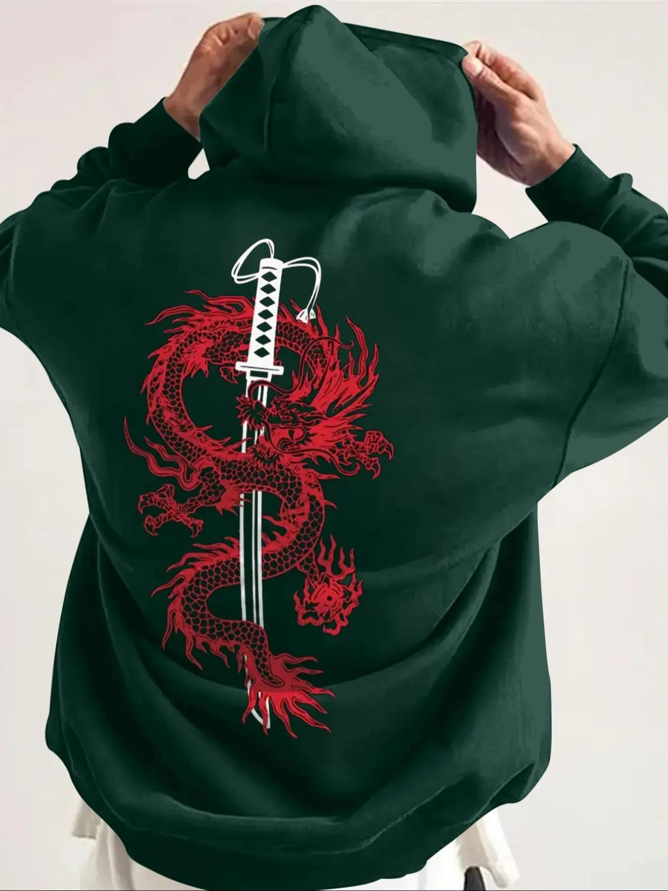 Men's Fall Winter Hooded Sweatshirt, Knit, Dragon & Sword Print, Drawstring Hat, Kangaroo Pocket, Casual Long Sleeve Pullover
