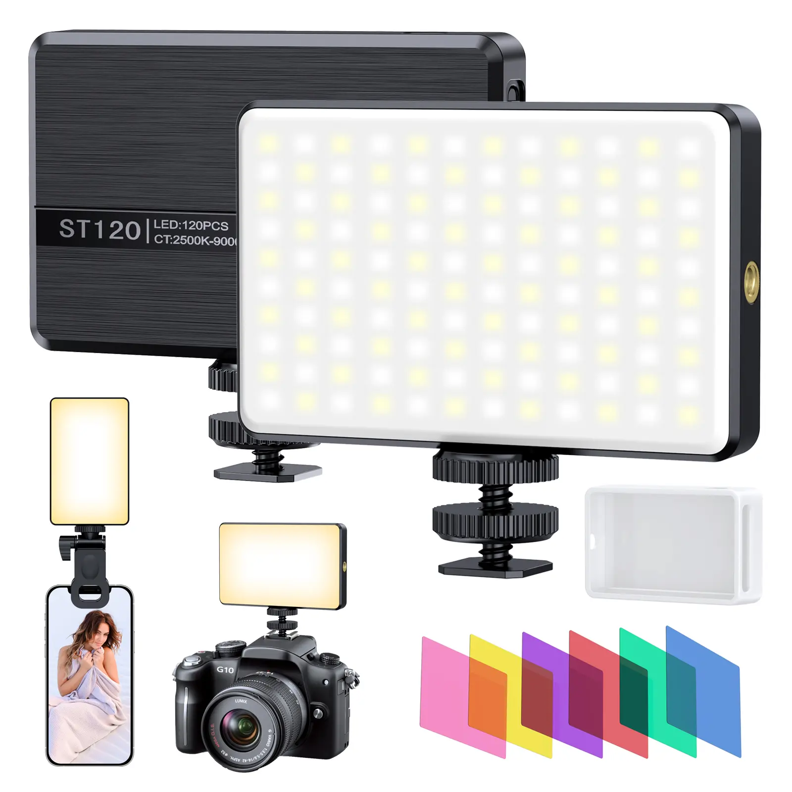 120 LED Mini Portable Selfie Ring Light Selfie Light for Phone with Front & Back Clip Rechargeable,Seven-color fill lights,High Power Rechargeable Clip Fill Video Conference Light iPhone,Android, iPad, Laptop, for Makeup,TikTok, Selfie, Vlog
