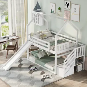 Twin House Bunk Bed with Convertible Slide,Storage Staircase,White    RR