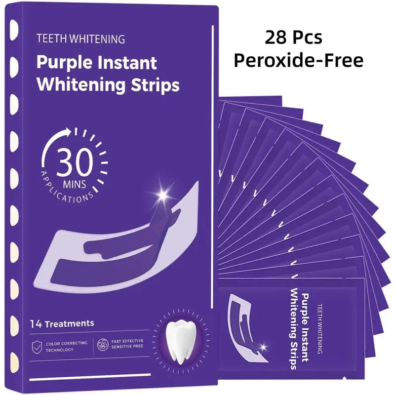 14 Pairs Purple Teeth Whitening Strips - Gentle Deep Cleaning Teeth Brightener Strips for Adults, At Home Dental Coffee Stain Treatment, Enamel-Safe, Peroxide-Free, Non-Sensitive Daily Oral Care for Pearly Whites