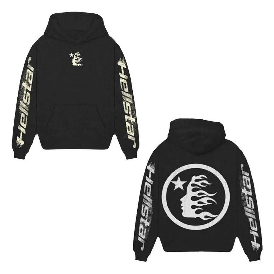 Hellstar 2026 Men's Retro Washed Tie-Dye Flame Letter and Star Print Long Sleeve Hoodie, Fall Winter New Fashion Casual Versatile Hat Shirt Jacket