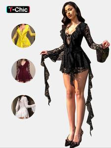 women's fashion y2k lace bow tie flounce sleeve dress, trendy comfortable long sleeve, stylish ladies' clothing