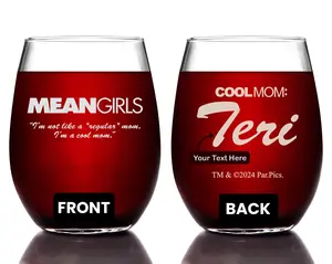 MEAN GIRLS "Cool Mom" Etched Stemless Wine Glass 15oz - w/Your Personalized Text | Premium Quality, Handcrafted Glassware