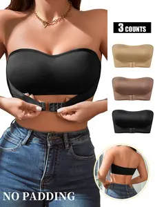 Women's Solid Wireless Push Up Bandeau Bra, Seamless Bra, Comfortable Breathable Front Buckle Bra, Lingerie for All Seasons