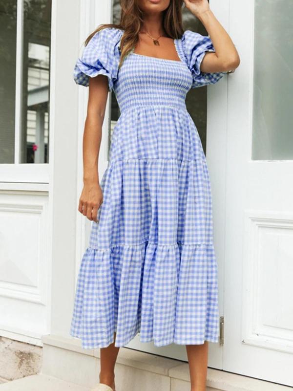 Women's Gingham Print Bubble Sleeve Dress, Casual Short Sleeve Square Neck A Line Dress for Summer, Women's Clothing for Daily Wear