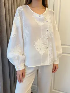 Spring Autumn New Thin Long Sleeve Embroidered Shirt, Women's Unique Loose Fit Belly Concealing Blouse, Versatile Trendy Top