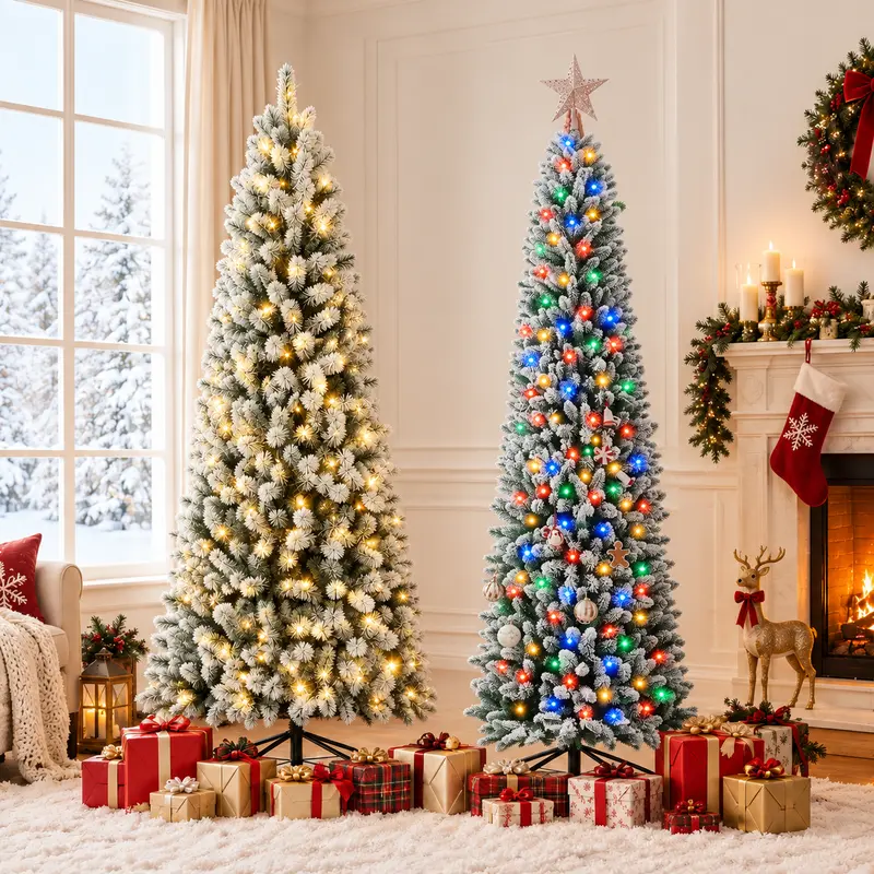 Sweetcrispy Pencil Shape Pre-Lit Christmas Tree, Slim Christmas Tree with 120 to 500 Warm White LED Lights,  8 Light Modes, Hinged Design, Full Branches Support Decor, Heavy Metal Foldable Stand Stays Put, Home Bedroom Holiday Decor Supplies