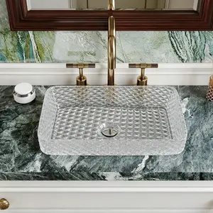 Lordear 17" Glass Bathroom Vessel Sink Vanity Countertop Rectangular Bowl with Chrome Pop up Drain Set,Glass Art Basin,Clear