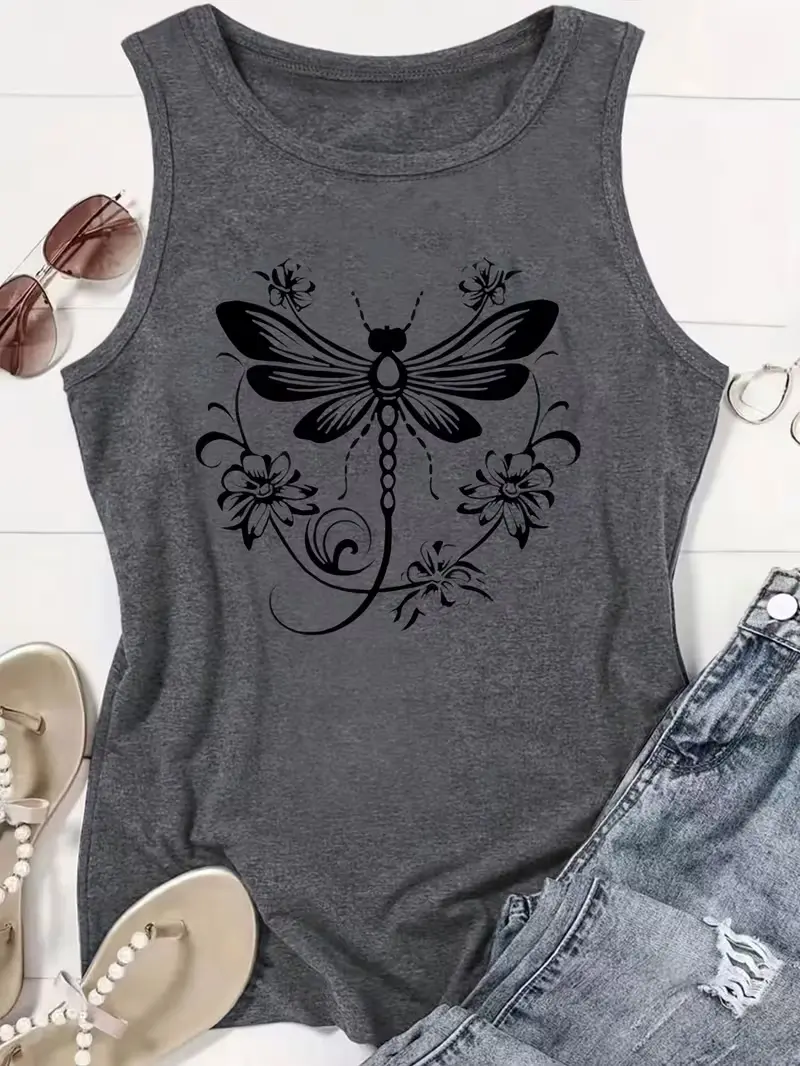 Women's Classic Breathable Polyester Fabric Vintage Floral Dragonfly Sleeveless Tank Top - Natural-Themed Casual Wear, All-Season Outdoor Use, Holiday Gift, Cardigans, Elegant Soft Womenswear