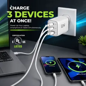 65W USB C Wall Charger Block | GaN III Fast Charger with 2 USB-C & 1 USB-A Ports | PD Fast Charging Power Adapter  with Charging  cabel for iPhone 17/16/15, Samsung S25/S24, iPad, MacBook, Tablets & More