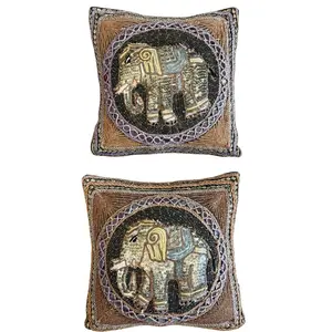 Pair of Petite Hand-Embroidered Elephant Accent Pillows