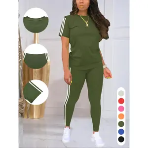 Women's 2 Piece Set Side Striped Short Sleeve Tee and Pants Casual Round Neck T Shirt Trousers Summer Daily Outfit, Simple Style, Stretchy, Wardrobe Essential, Stylish, Coastal Style, Soft Touch, Easy Wear