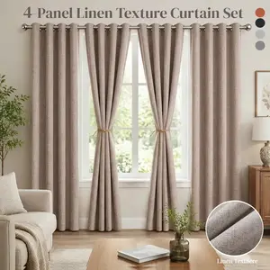 4 Panel Linen Textured Blackout Curtains – Wrinkle-Resistant, Natural Drape, Vintage Home Decor for Living Room & Bedroom