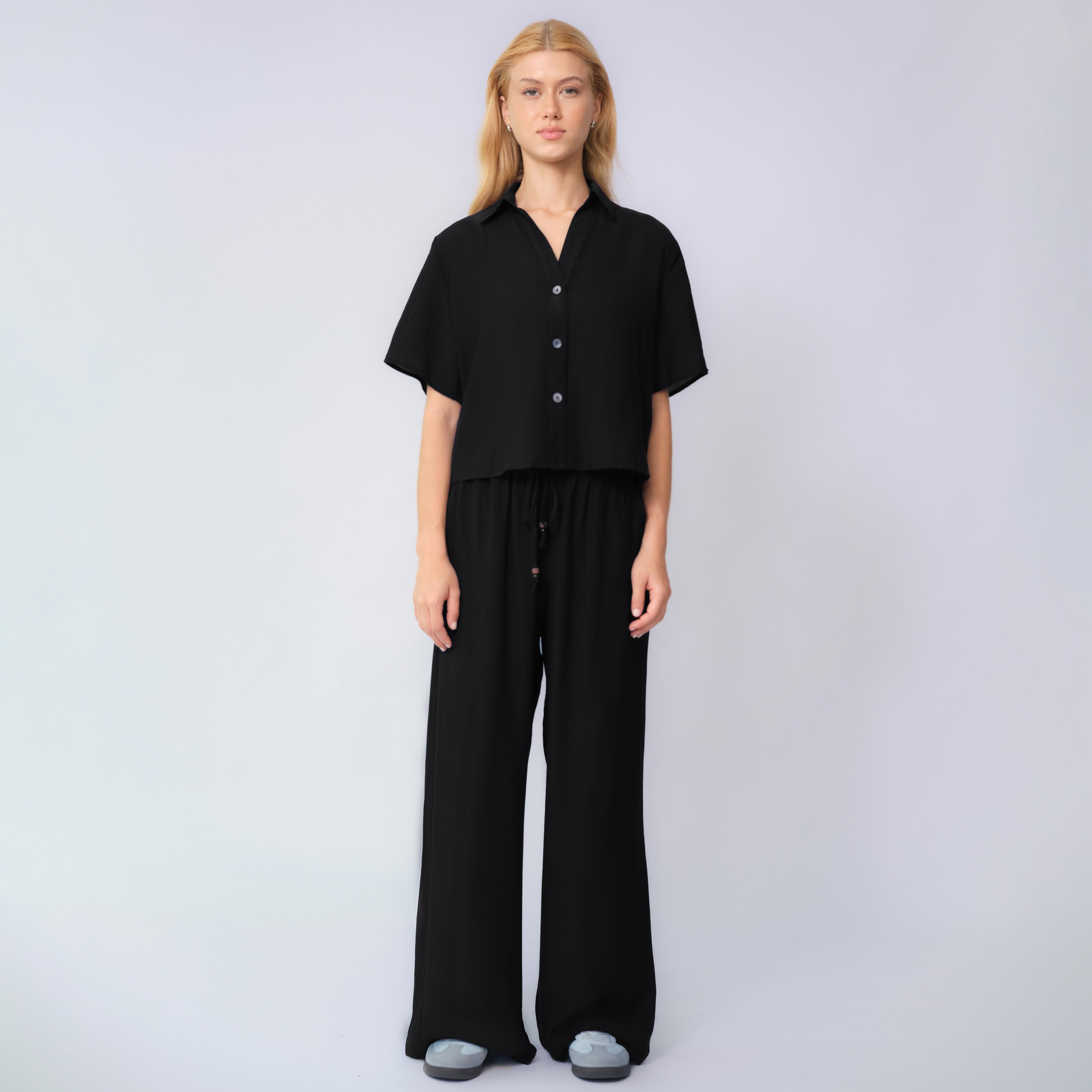 KatchMe Women's Classy Solid Color Collared Shell Button Loose Top & Drawstring Wide Leg Trousers Co-ord, Comfort Set for Lady, Basic Two Piece Outfits