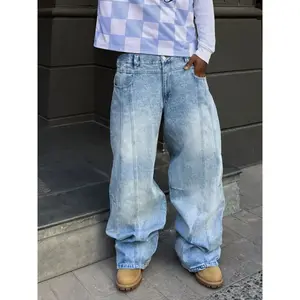 Loose wide-leg jeans with a patch design, light-wash denim jeans, fashionable hip-hop style—a perfect gift for a boyfriend or husband. GARMENTARY