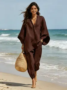 Women's Oversize Soft Batwing Long-Sleeve V-Neck Loose-Fit Elegance Blouse Set, Comfortable Stylish Womenswear for Daily Wear, Beach Relaxing Days Fabric Top Casual Clothes Everyday Outfit Oversized Pants Style