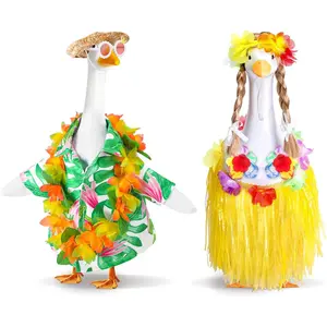 2 Set Hawaiian Porch Goose Outfits, Summer Bikini Lawn Goose Costume, Yard Goose Clothes Grass Skirt Straw Hat with Wreath Glasses Wig for 23" Statue Patio Garden Decoration Funny Porch Goose Costume Wig Set