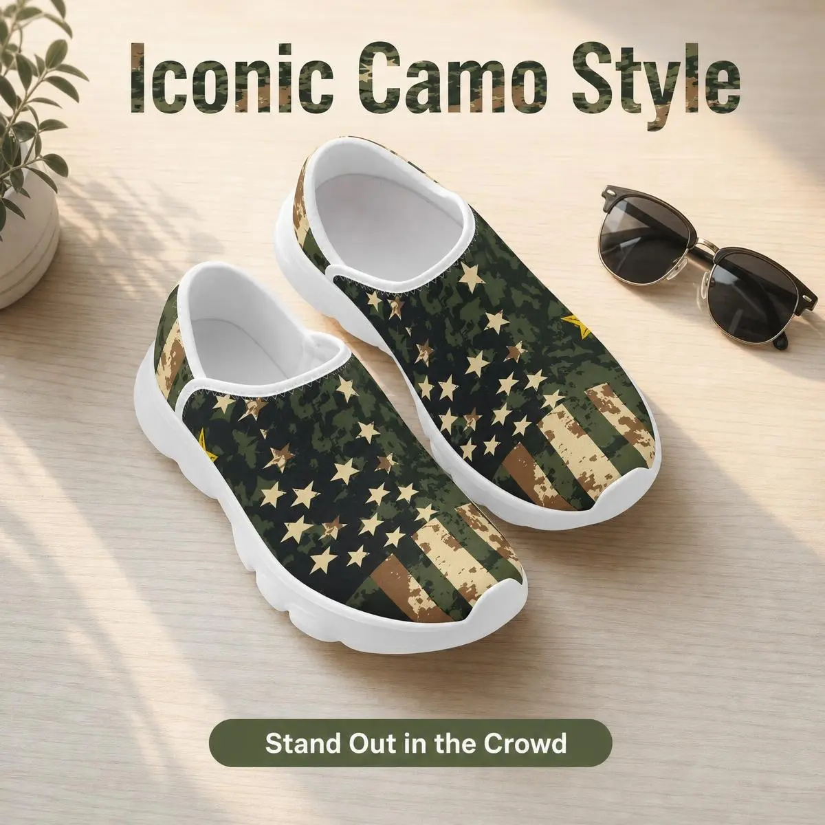 Zovrwin Unisex Camo Star Flag Slip-On Comfort Casual Sneakers Breathable Outdoor Casual Footwear for Walking Tennis, Outdoor Casual Trainers, Durable Casual Trainers