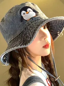 Cute Penguin Embroidered Denim Bucket Hat, Vintage Washed Jean Fisherman Cap, Kawaii Girls Cartoon Animal Embroidery, Wide Brim Sun Hat