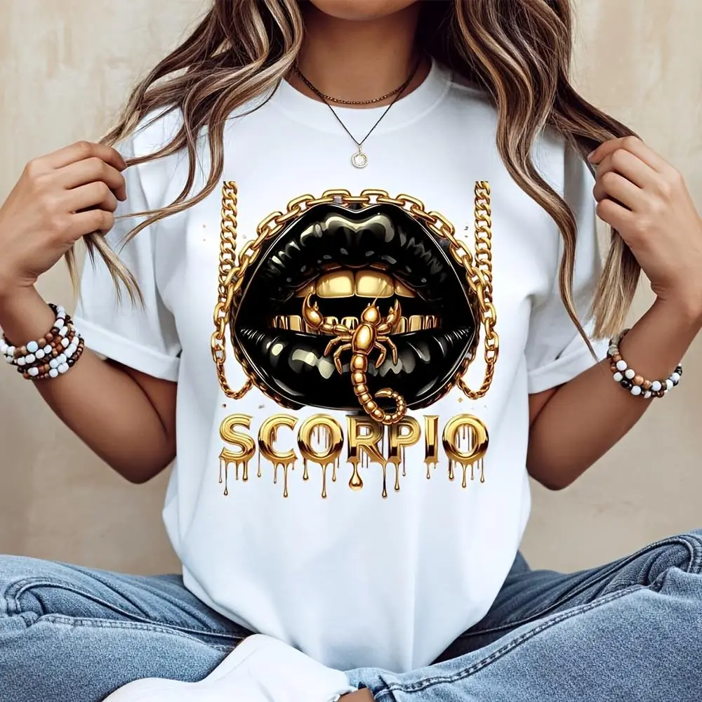 Gold Scorpion Lips Chain Graphic T-Shirt, Zodiac Astrology Fashion Top, Streetwear Casual Daily Outfit