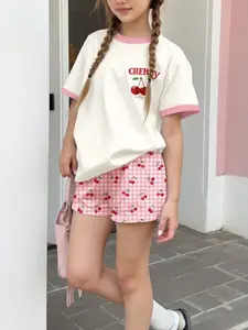Vintage Cherry Pattern Two-Piece Set for Teen Girls, Casual Fitted Tee and Shorts, Perfect for Summer, School Fashion, Relaxing Style, Summer Clothing Set