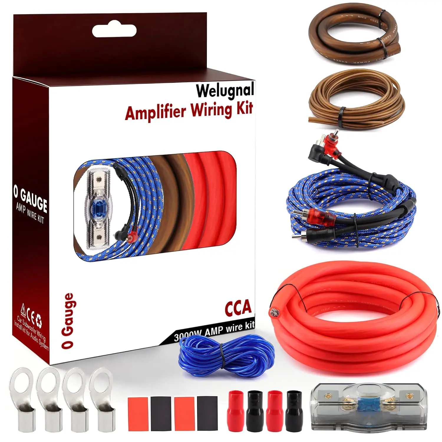 0 Gauge Amplifier Wiring Kit 3000W,Complete Car Audio Install kit with 17FT 0 AWG CCA Power Cable,RCA Cable & Speaker Wire,100A AGU Fuse Holder,3ft CCA Ground| for Subwoofer Amp Wiring Kit