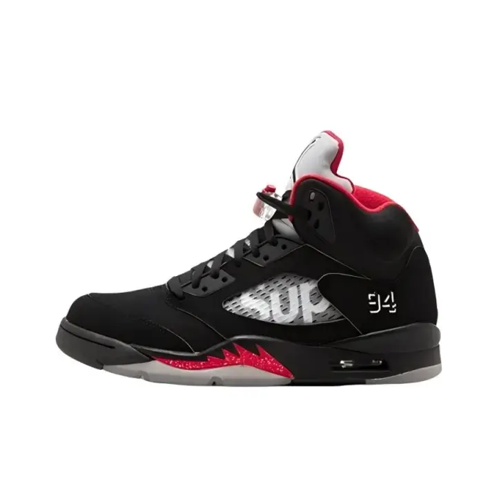 Black Canvas Mesh Mid Top Basketball Sneakers, Unisex Red Interior Collar + Speckled Red Tooth Air Cushion Shoes, Grey Rubber Outsole Streetwear Athletic Footwear