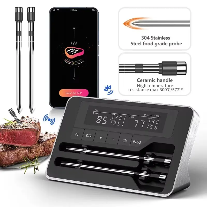 Wireless Meat Thermometer Bluetooth-compatible Digital Food Temperature Sensor, LCD Screen, Mobile APP Support, Ideal for Oven, Smoker, Grill, Kitchen, Kitchen Gadgets