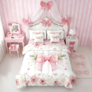 Pink Bow 7 Piece Bedding Set,Kawaii Floral Bowknot Comforter Bed Set with Sheets,Kids Girls Room Decor Romance Flowers Coquette Bowknot Bed Bag