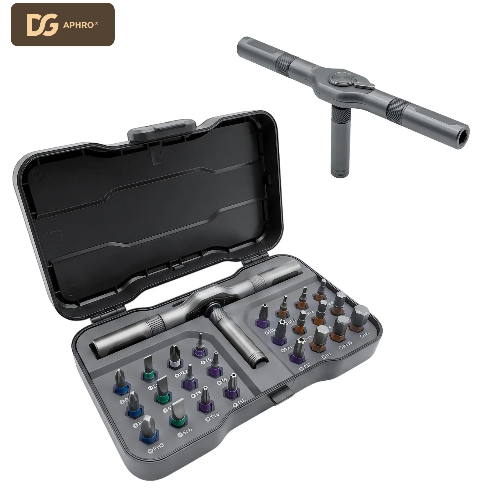 DGAPHRO 24-in-1 Magnetic Ratchet Screwdriver Set - Premium CNC Aluminum Modular T-Handle Tool Kit, Heavy Duty S2 Steel Precision Bits for PC, Electronics, Bike & Furniture Repair.