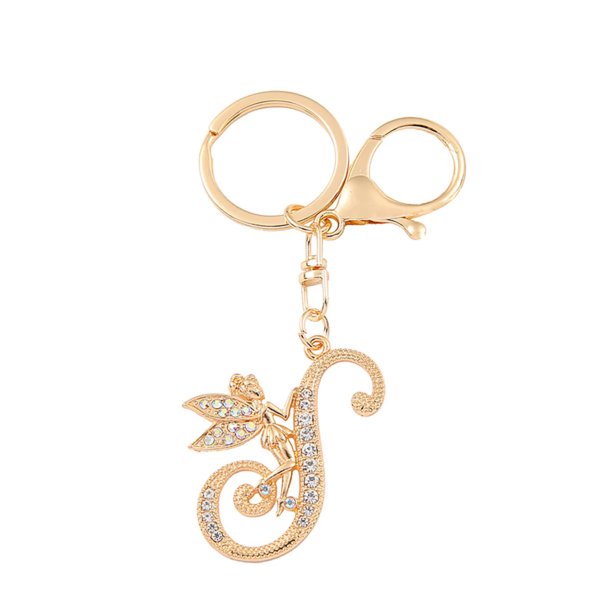 Rhinestone Initial Letter Keychain, A-Z Bling Alphabet Key Ring, Gold Art Font Crystal Bag Charm, Personalized Gift for Women