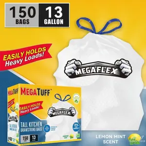 13 Gallon Disposable Non Tear Garbage Bags 150 Count Odor Eliminator Technology Lemon Mint Scent Puncture Resistant Drawstring Kitchen Trash Bags Boxed