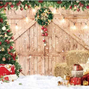 2D Flat Holiday Christmas Decoration Style Barn Wood Door Background Cloth Professional Photography Prop Party photo booth studio banners