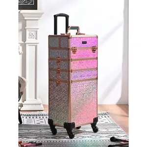 Rolling Makeup Train Case 4in1 Cosmetic Trolley Organizer Travel Case Lockable Salon Barber Case Traveling Cart Trunk With Detachable Removable Wheels For Makeup Artist Trave Nail