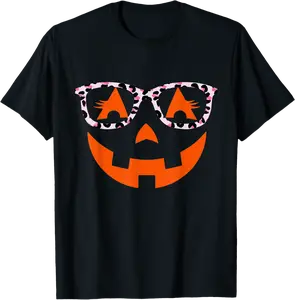 Jack O Lantern With Glasses Shirt Women Halloween Leopard T-Shirt - Nicolekhach Shop 44B09HV5LTHK