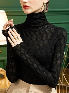 Autumn Winter Women's High Neck Solid Color Long Sleeve Slim Fit Sheer Mesh Knit Top, Casual Fashionable Ladies Clothing for Daily Wear Womenswear