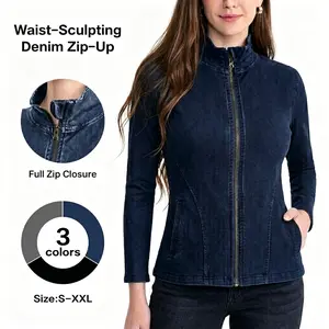 HF260023-Women's Fitted Stretch Denim Zip-Up Jacket, Waist-Sculpting Stand Collar with Pockets
