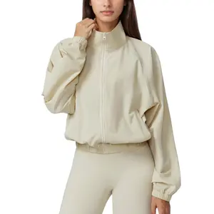 Anna-Kaci Active Women's Zip-Up Activewear Jacket with High Collar Long Sleeves and Relaxed Elastic Hem for Workout Wear - Large, Light Beige