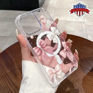 Magnetic Soft Case for iPhone 15 16 14 Pro Max 13 12 11 XR XS Plus E Fresh bow Pattern Anti-Yellowing Shockproof ultra-thin Silicone Crystal Transparent Acrylic Large Hole Cover Supports Wireless Charging