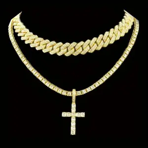 2pcs/set Punk Style Cross Cuban Chain Necklace - Edgy Rapper Personality Accessories, Cool Style Hip Hop Party Women's Jewelry, Special Occasion Personality Item Couple Necklace Halloween Christmas Gift