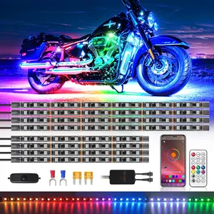 Motorcycle LED Kit with/APP/RF Remote Brake Turn Signal,10PCS Chasing Motorcycle RGB+IC LED 12v Chasing Effect LED Strips Light Waterproof Multicolor for Harley Kawasaki
