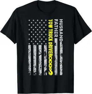 100%cotton Husband Father Tow Truck Driver American flag Towing Dad T-Shirt Menswear Top