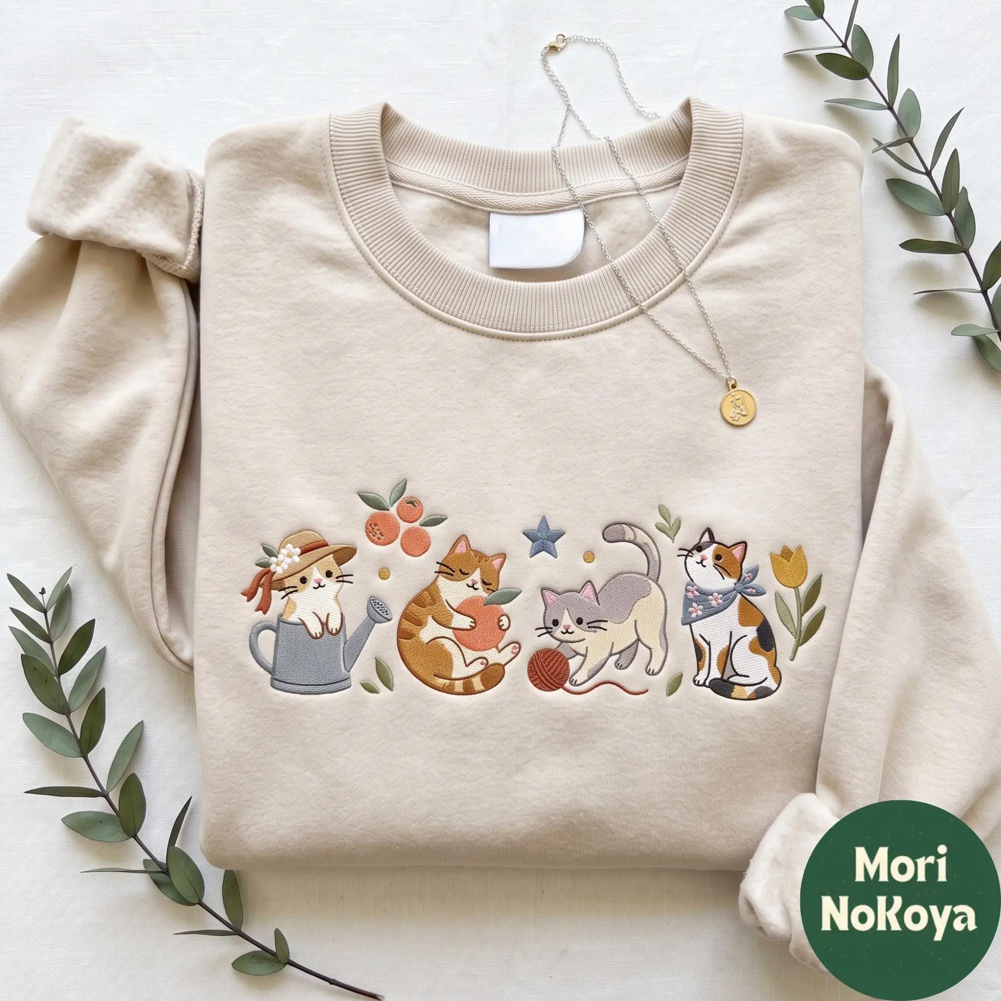 Whimsical Kitten Embroidered Sweatshirt T-Shirt Hoodie, Cute Cottagecore Cat Mom Crewneck, Retro Kitty Pet Lover Gift, Cozy Feline Pullover for Women
