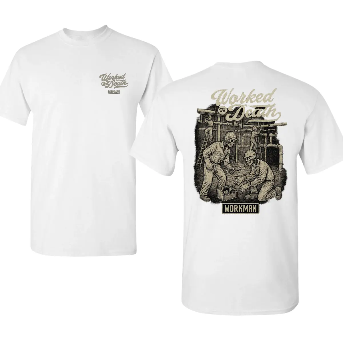 Worked to Death Shirt with Plumbing Crew Illustration, 2 Sides Graphic Tee, Soft Cotton Blend Shirt, Vintage Workwear Style for Plumbers and Contractors, Funny Gift for Blue Collar Men