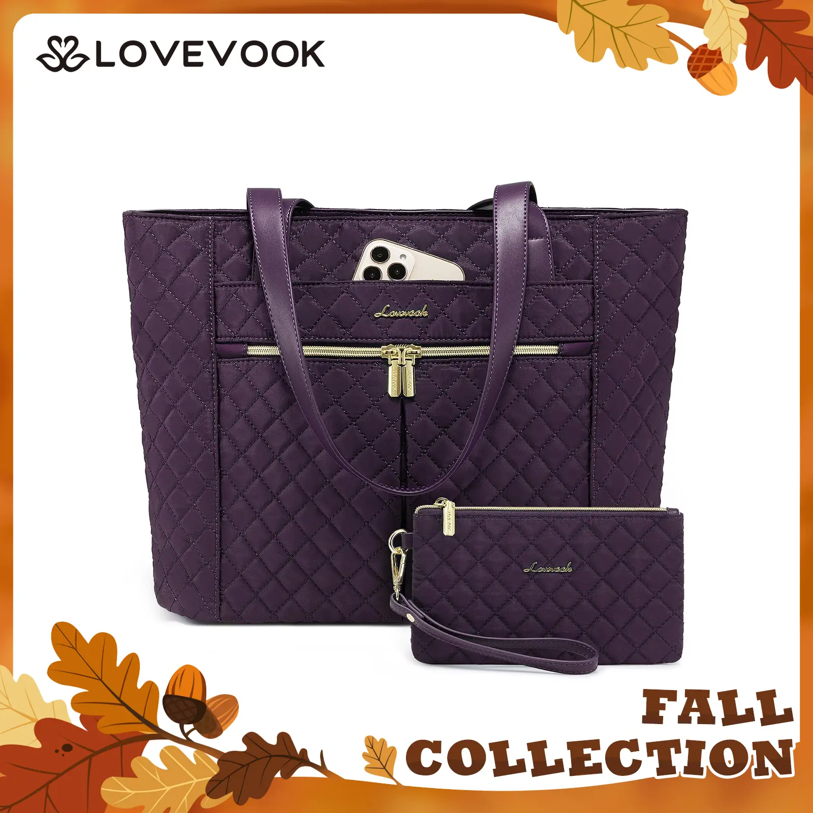 LOVEVOOK Fall Laptop Bag, Women's Quilted Shoulder Bag, Large Capacity Tote with Small Pouch, Stylish Briefcase Everyday Bag Suitable for Nurses, Teac