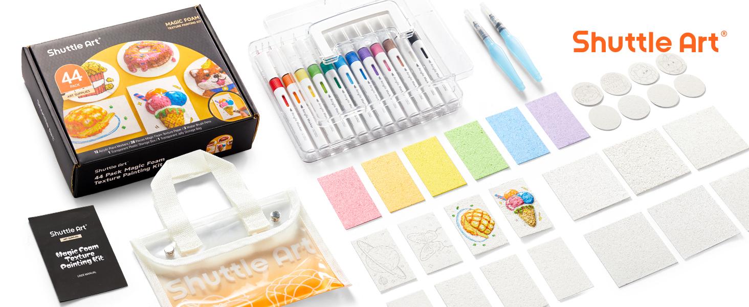 Shuttle Art 44 Pcs Magic Foam Texture Painting Kit, Including 28 Pcs Foam Texture Paper, 12 Colors Brush Tip Acrylic Paint Markers, Magical 3D Effect Texture Painting Kit,toy for kids