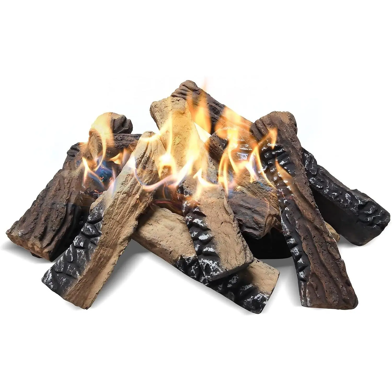 Large Ceramic Gas Fireplace Logs - Set of 10 Artificial Realistic Firewood for Indoor Outdoor Firepit, Ventless & Vent Free