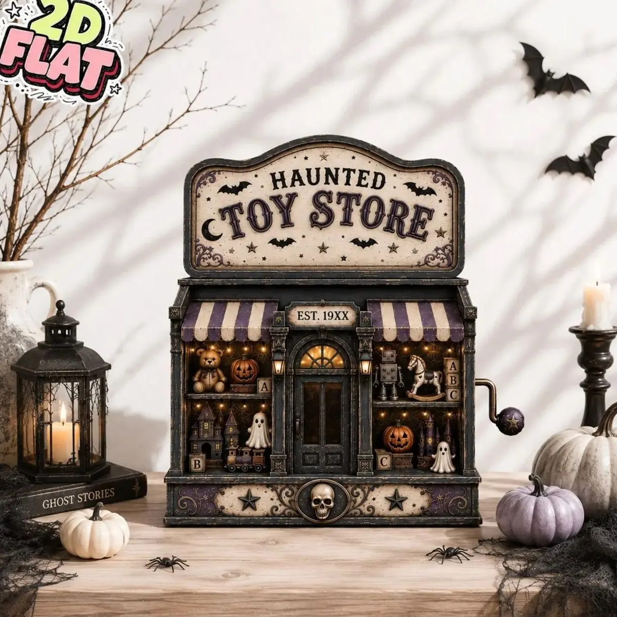 Haunted Toy Store Wooden Block Decor, Spooky Halloween Shelf Sitter, Gothic Miniature Shop, Creepy Tiered Tray Halloween Decor