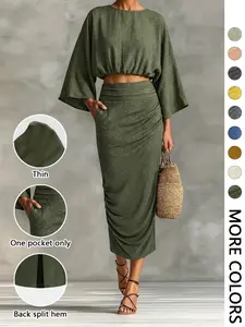 Women's Stylish Loose-Fitting Casual Two-Piece Set, Spring & Fall Comfortable Long Skirt with Waist Definition and Pocket one pocket