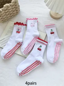 4 pairs Fashion Cherry Embroidery Yoga Socks, Grip Sports Socks, Non-Slip Comfortable Breathable Casual Sports Socks, Suitable for Women's Daily Exercise, Fitness, Yoga, and Pilates